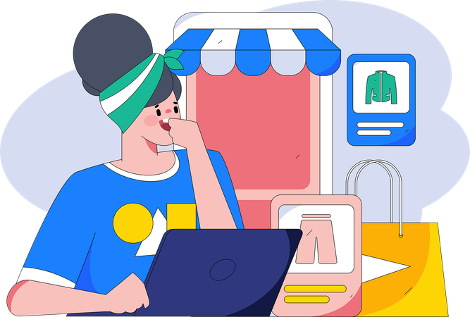 Chica haciendo compras en línea por computadora portátil  Ilustración