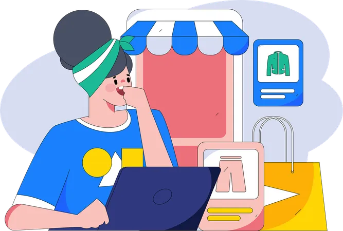 Chica haciendo compras en línea por computadora portátil  Ilustración