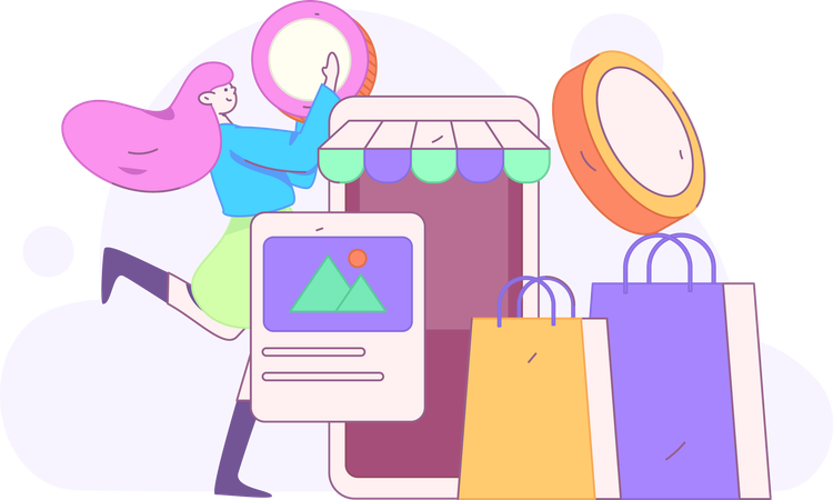 Chica haciendo compras en línea por computadora portátil  Ilustración