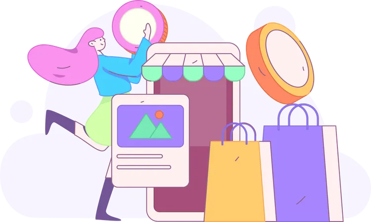 Chica haciendo compras en línea por computadora portátil  Ilustración