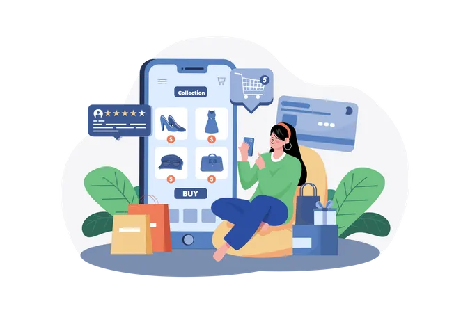 Chica haciendo compras en línea por teléfono inteligente  Illustration