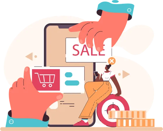 Chica haciendo compras en línea usando el móvil  Ilustración