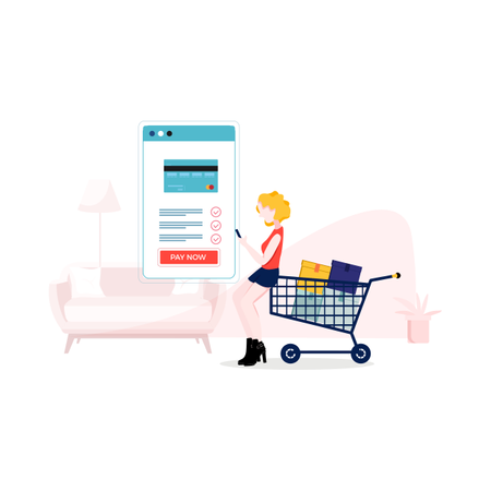 Chica haciendo compras en línea usando samrtphone  Ilustración