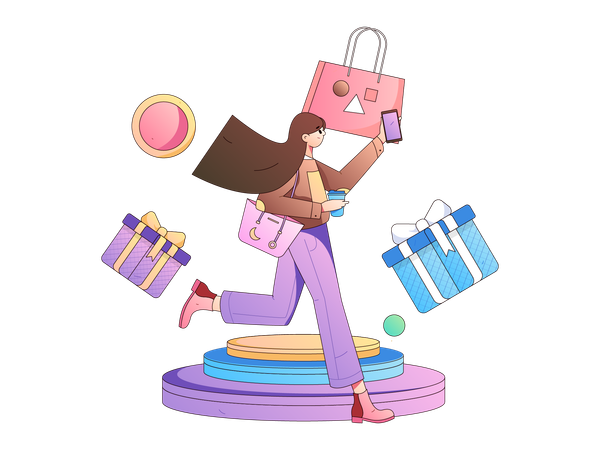 Chica haciendo compras móviles  Ilustración