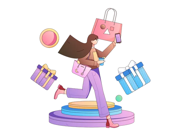 Chica haciendo compras móviles  Ilustración