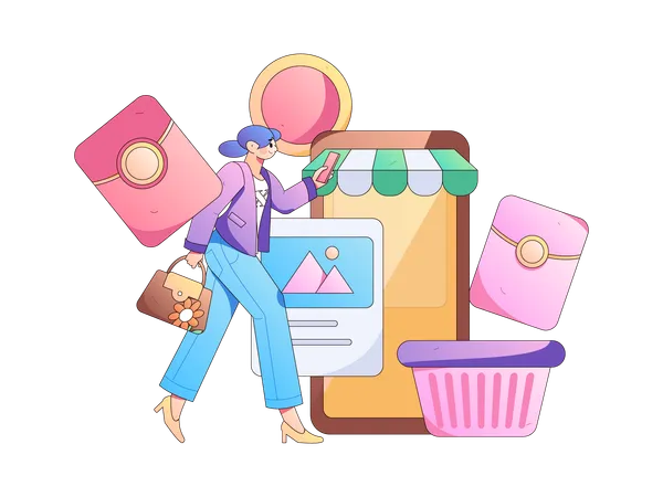 Chica haciendo compras móviles  Ilustración