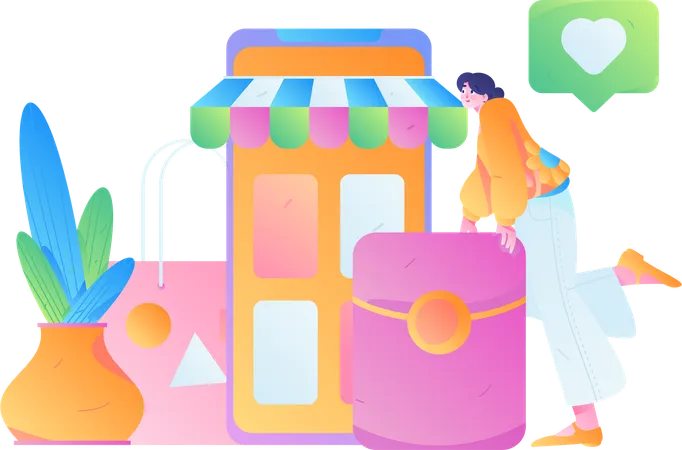 Chica haciendo compras móviles  Ilustración