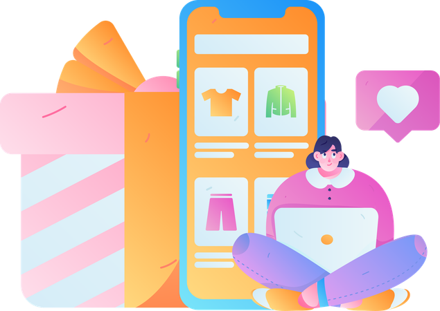 Chica haciendo compras móviles  Ilustración