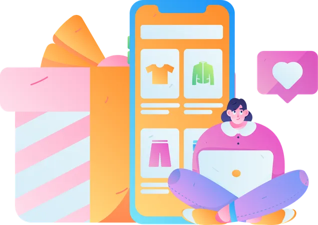 Chica haciendo compras móviles  Ilustración