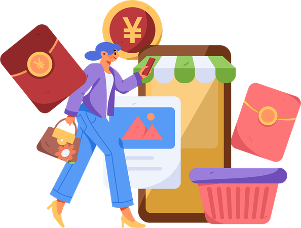 Chica haciendo compras móviles  Ilustración