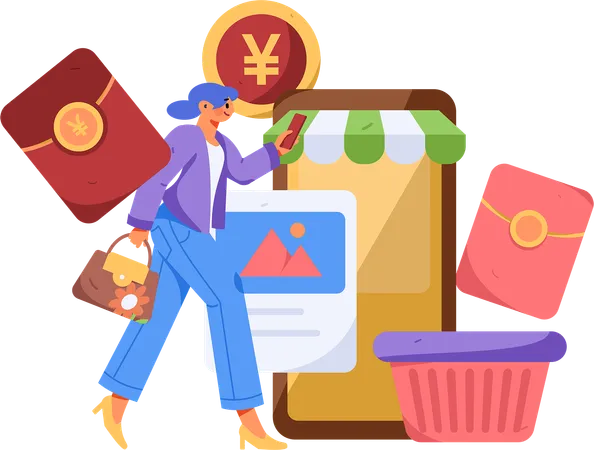 Chica haciendo compras móviles  Ilustración