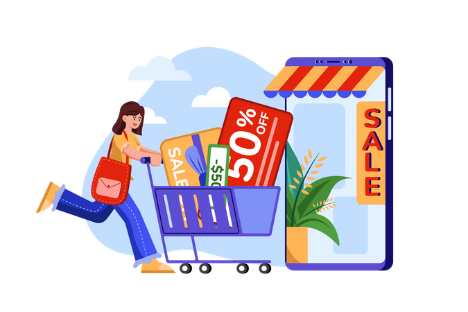 Chica haciendo compras online con descuento  Ilustración