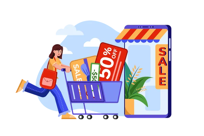 Chica haciendo compras online con descuento  Ilustración