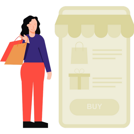 Chica haciendo compras online con móvil  Ilustración