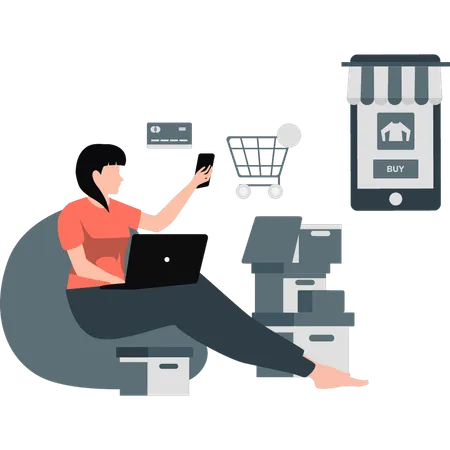 Chica haciendo compras online en casa  Ilustración