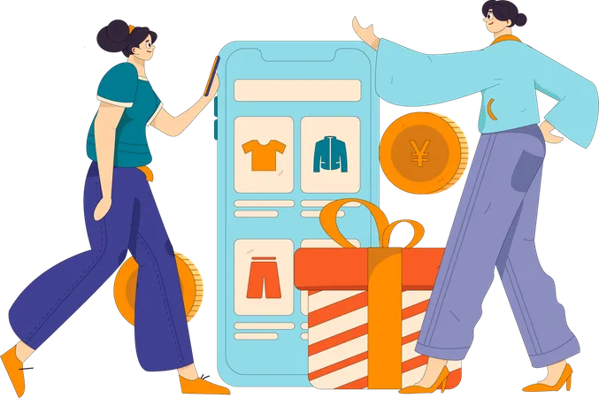 Chica haciendo compras usando la aplicación de compras  Ilustración