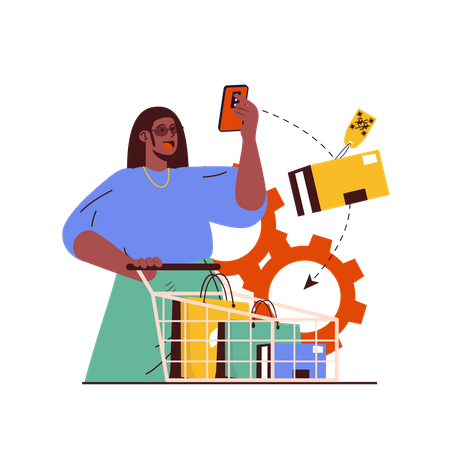 Chica haciendo compras usando el móvil  Ilustración