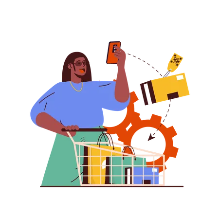 Chica haciendo compras usando el móvil  Ilustración