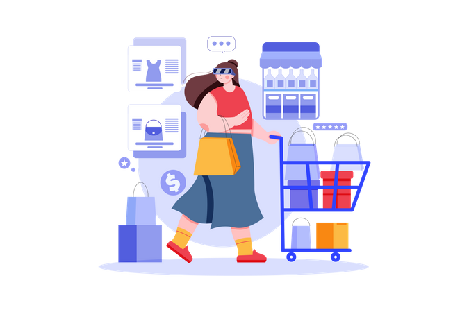 Chica haciendo compras virtuales  Ilustración