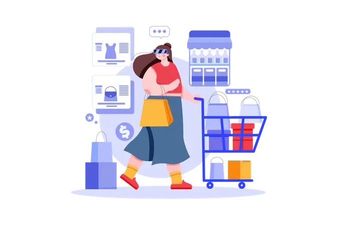 Chica haciendo compras virtuales  Ilustración