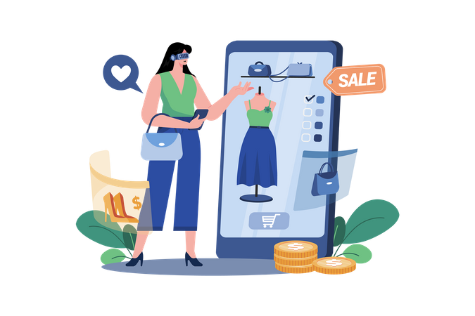 Chica haciendo compras virtuales  Ilustración