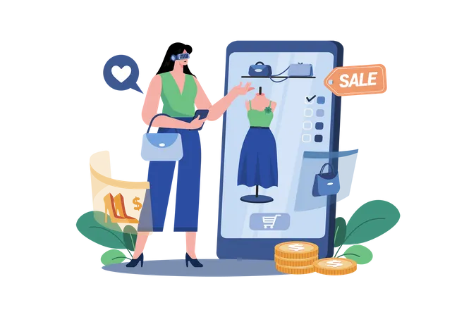 Chica haciendo compras virtuales  Ilustración