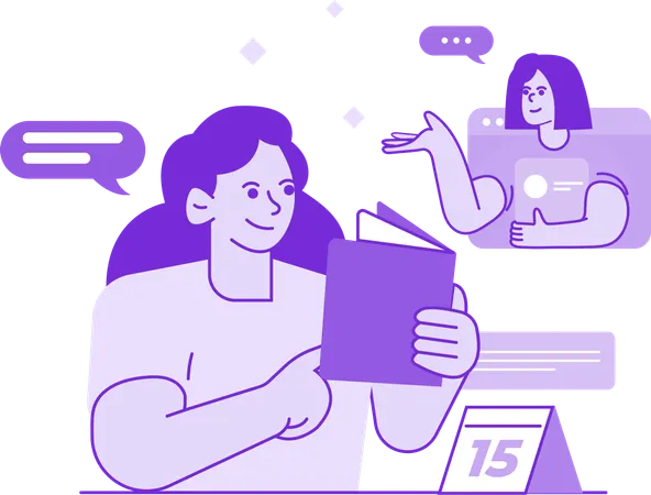Chica haciendo comunicación y mensajería virtual  Ilustración