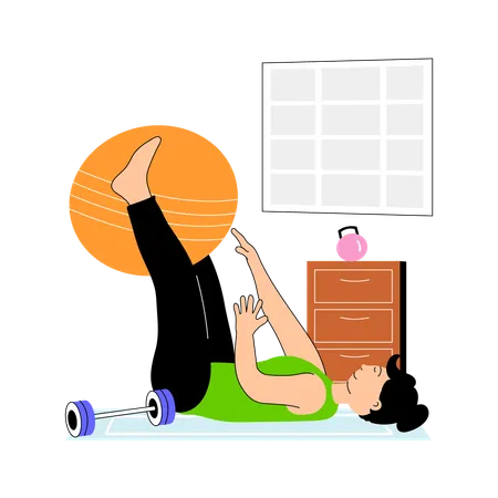 Chica haciendo ejercicio usando una pelota de gimnasio en casa  Ilustración