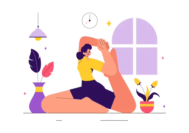 Chica haciendo ejercicios de yoga en casa  Ilustración