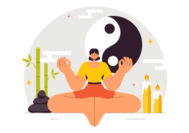 Chica haciendo meditación de filosofía oriental Feng Shui  Ilustración