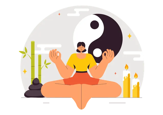 Chica haciendo meditación de filosofía oriental Feng Shui  Ilustración