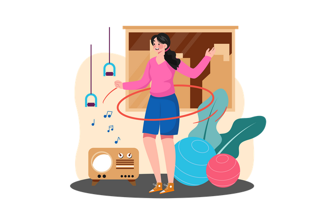 Chica haciendo Hula Hoop en casa  Ilustración