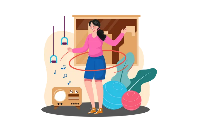 Chica haciendo Hula Hoop en casa  Ilustración