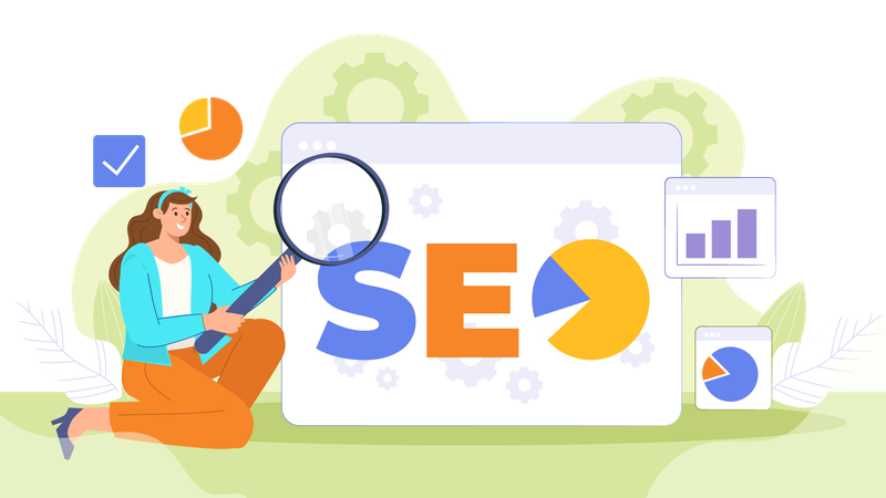 Chica haciendo investigación de SEO  Ilustración