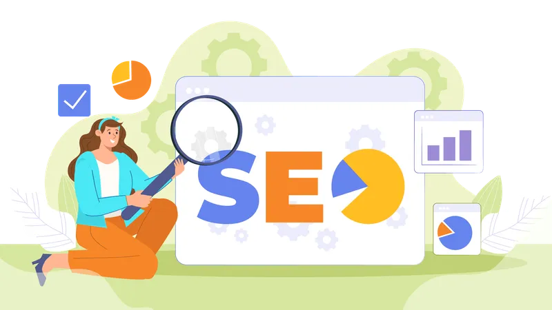 Chica haciendo investigación de SEO  Ilustración