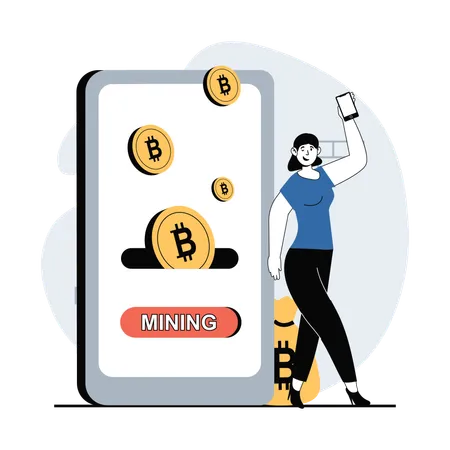 Chica haciendo minería de bitcoins en línea  Ilustración