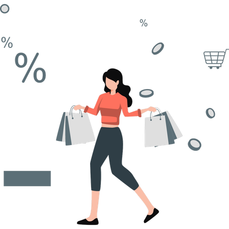 Chica haciendo muchas compras con descuento  Ilustración