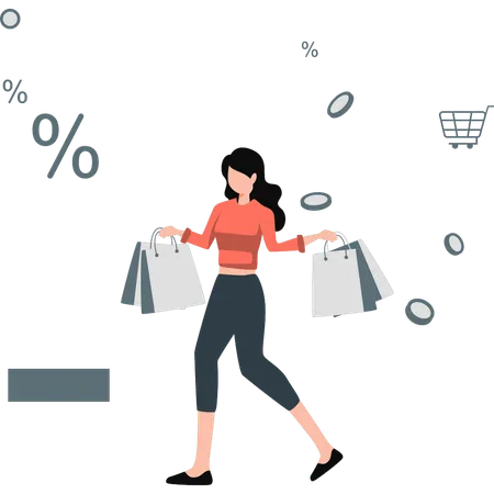 Chica haciendo muchas compras con descuento  Ilustración