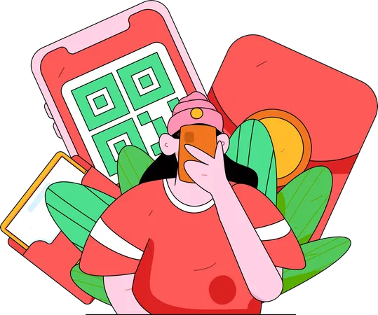 Chica haciendo pago con código qr  Ilustración