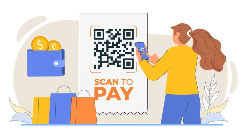 Chica haciendo pago con código qr  Ilustración