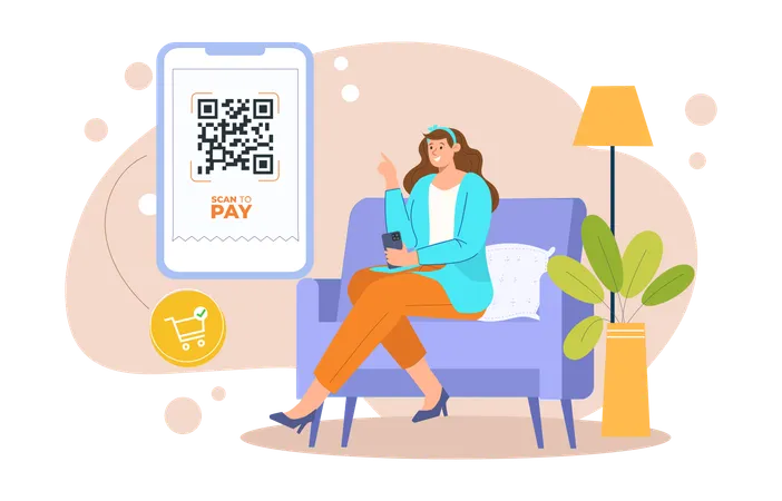 Chica haciendo pago con código QR usando el móvil  Ilustración