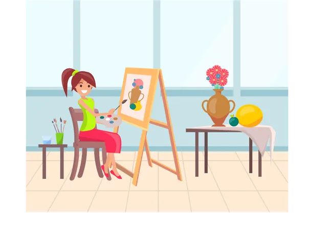 Chica haciendo pintura sobre lienzo  Ilustración