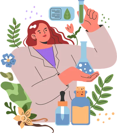 Chica haciendo pruebas cosméticas  Ilustración