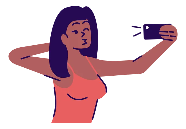 Ilustracion De Vector Plano De Pose Selfie Mujer Feliz Tomandose Una Foto Chica Besandose Y Guinando Un Ojo Para Retrato En La Camara Del Telefono Inteligente Fotografia De Telefono Movil Personaje De Dibujos Animados Aislado Sobre Fondo Gris Ilustración