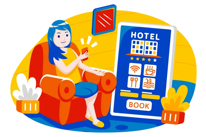 Chica haciendo reservas de hotel en línea  Ilustración