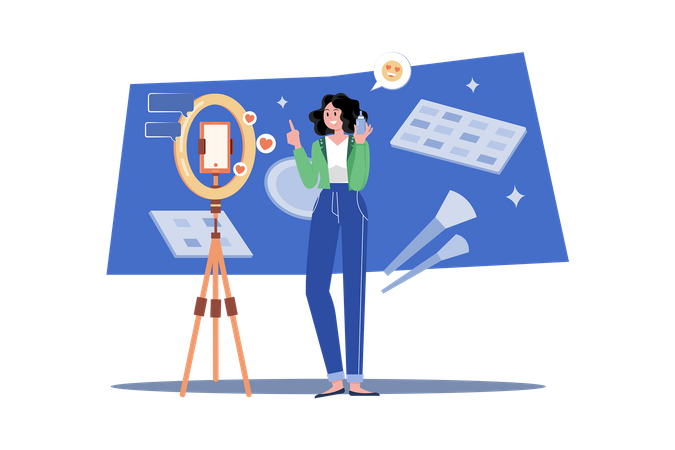 Chica haciendo revisión de productos de belleza en línea  Ilustración