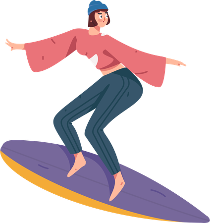 Chica haciendo surf en vacaciones  Ilustración