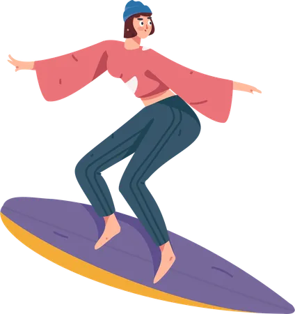 Chica haciendo surf en vacaciones  Ilustración