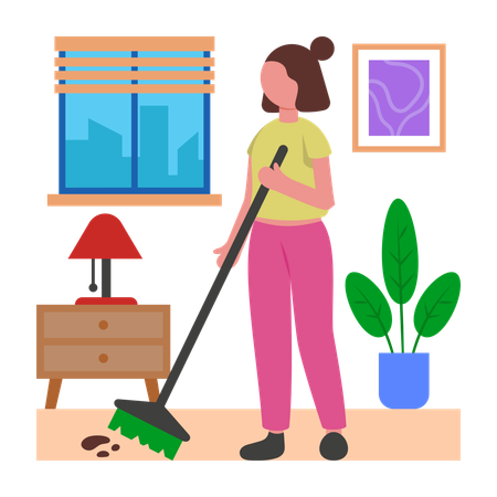 Chica haciendo tareas rápidas de limpieza matutina  Ilustración