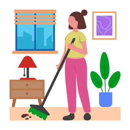 Chica haciendo tareas rápidas de limpieza matutina  Ilustración